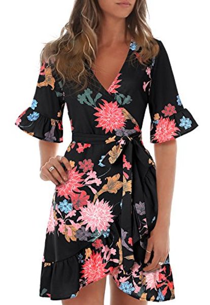 

blooming jelly women's casual peplum dress cross v-neck ruffled sleeve flare asymmetric print float short mini summer dress, Black;gray