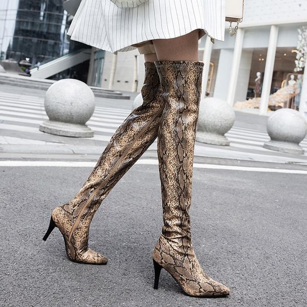 

snake print boots elastic stretch over knee boots high heel women's leather thigh high ladies pointed toe party shoes, Black
