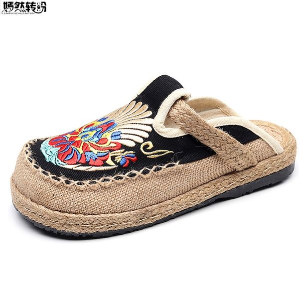 

embroidery closed toe slippers woman summer national old beijing cloth women shoes thai linen home slippers chanclas mujer, Black