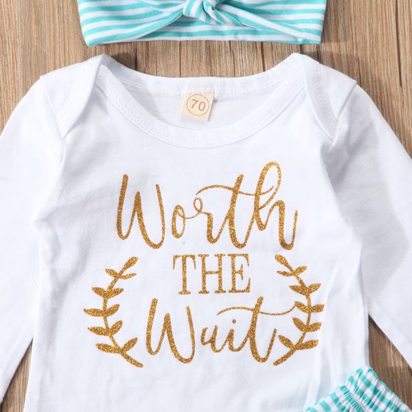 

qh pudcoco infant baby girls 2017 outfits cotton worth wait romper +striped legging headband autumn clothes 0-24m, White