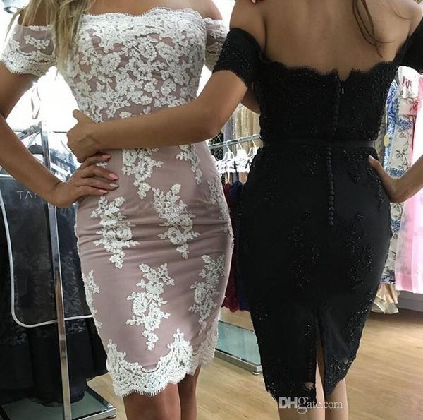 

2019 off shoulder lace short prom dresses sheath mini length cocktail dresses dark red lace party dress custom made evening gowns, Black