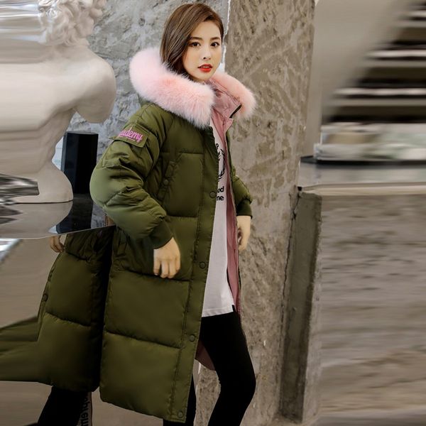 

pink fur collar 2019 long buckle thicker women button pocket jacket cotton padded plush lining ladies coat parka womens jackets, Black