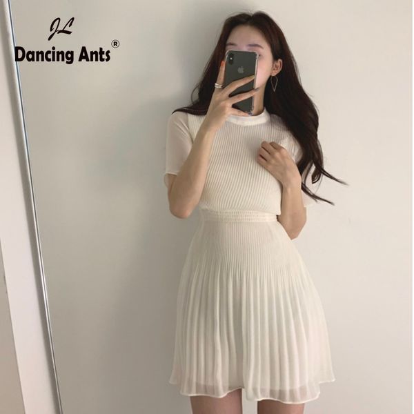 

casual dresses women a-line dress o-neck short sleeve chiffon pleated slim trend 2021 summer female korean chic solid above knee, Black;gray