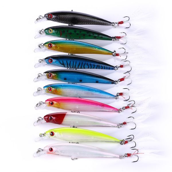 Hengjia 100 UNIDS Marca de Grado Superior Luminoso Minnow wobbler 9 CM 8 g cebo duro señuelos de pesca de plástico conjunto con anzuelos y plumas de pesca de carpa (MI094)