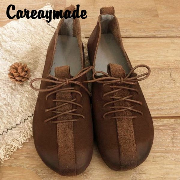 

careaymade-autumn new style retro-made old cow tendon soft sole pure handmade genuine leather women's single shoes, Black