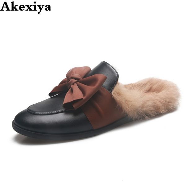 

fashion crystal bow fluffy fur slippers women flat mules shoes furry slides plush warm winter outside home slippers, Black