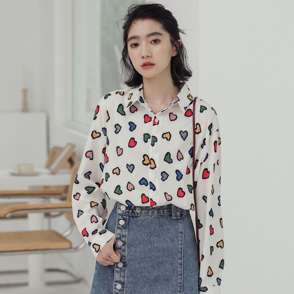 

women blouses retro style heart print shirts fashion loose wild lapel short long sleeve shirt white