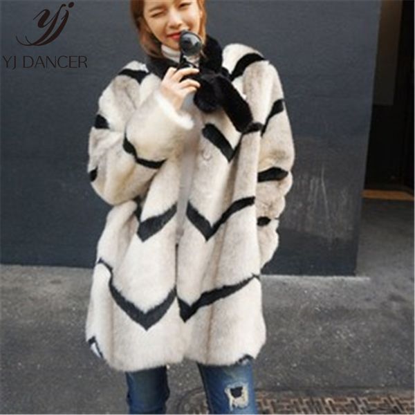 

2019 autumn winter fashion new striped long-sleeved thick warm long section plush velvet fake fur coat female tide hhh0029, Black