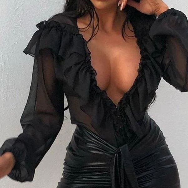 

lace bodysuit rompers full sleeve lotus leaf v-neck slim overalls backless black women jumpsuits, Black;white