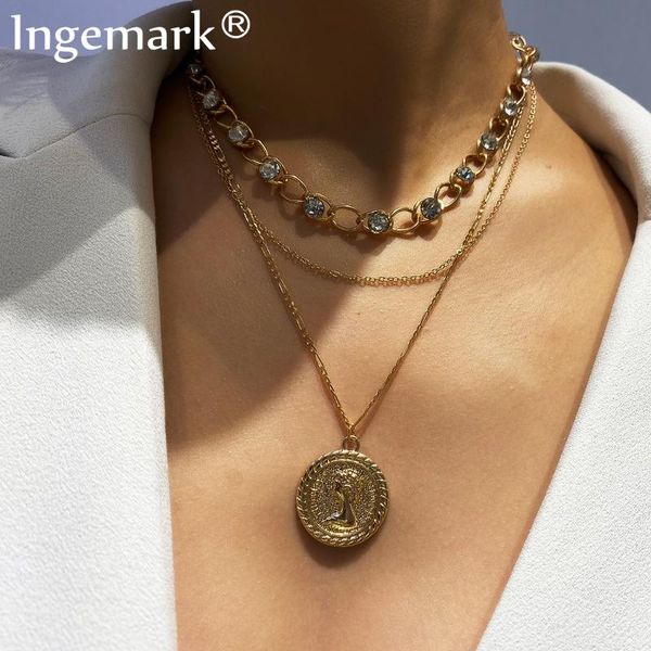 

ingemark vintage crystal coin pendant choker necklace multi layer rhinestone long chain clavicle necklace women jewelry, Silver