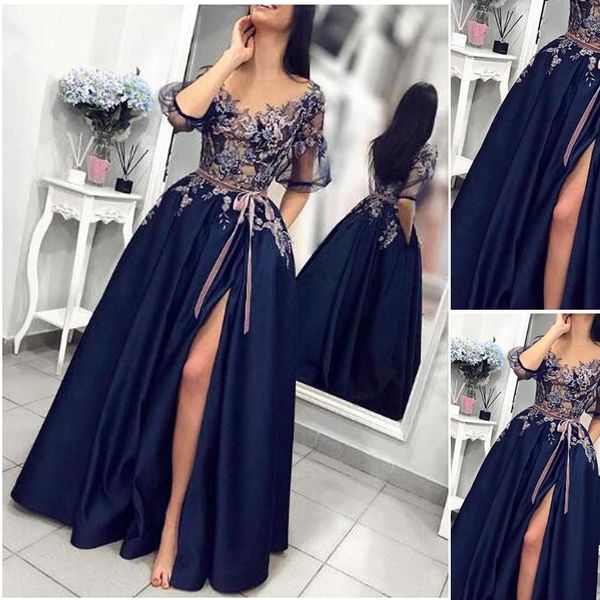 

elegant navy satin blue evening gown 2020 half sleeve lace applique sheer neck ever pretty prom dresses long vestido de festa, Black