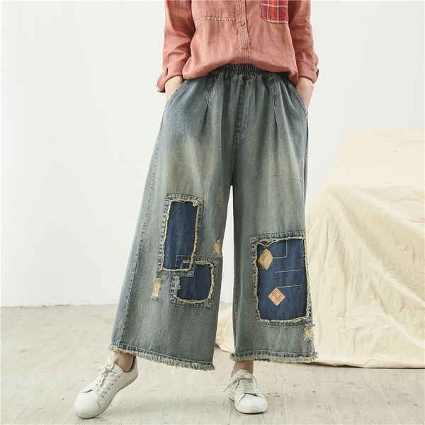 

vintage patched straight denim pants women high elastic waist loose wide leg jeans hip hop oversize pockets trousers boyfriend, Blue