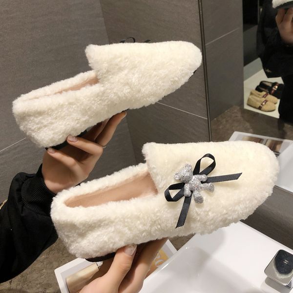 

small bear decoration curly fur shoes woman bow-tied flats slip on solid winter warm moccasins round toe comfy brief loafers2019, Black