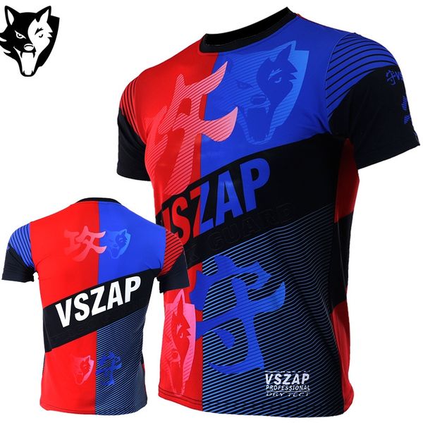 

vszap fighter shirt muay thai mma fitness sport t-shirt kickboxen schwarz herren quick dry muay thai bjj jerseys boxing robes, Black;red