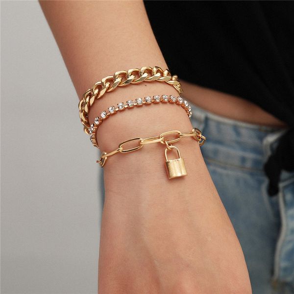 

boho lover lock pendant bracelets set for women men beach vintage crystal chain bracelet bangle charm friends hand jewelry, Golden;silver