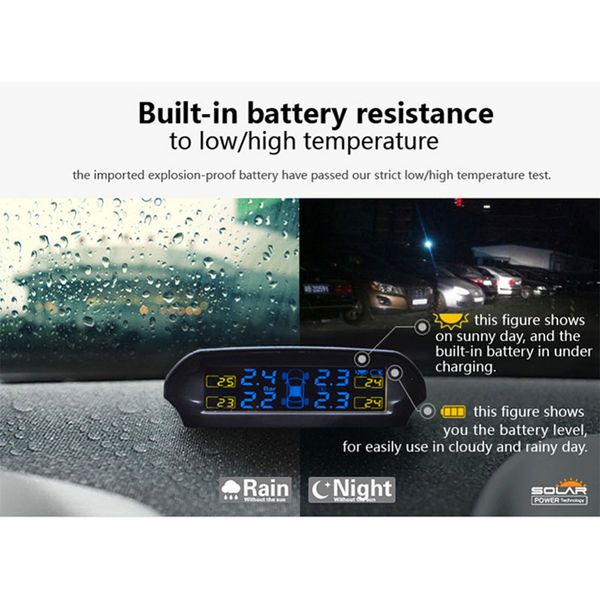 

tp800 tpms solar power car tire pressure wireless alarm monitor system 4 wheel internal external tyre sensor temperature alert