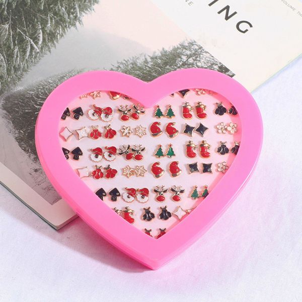 

36 pairs/box lovely christmas earings cute cartoon snowflake elk christmas tree stud earrings for girl fashion ear jewelry, Golden;silver