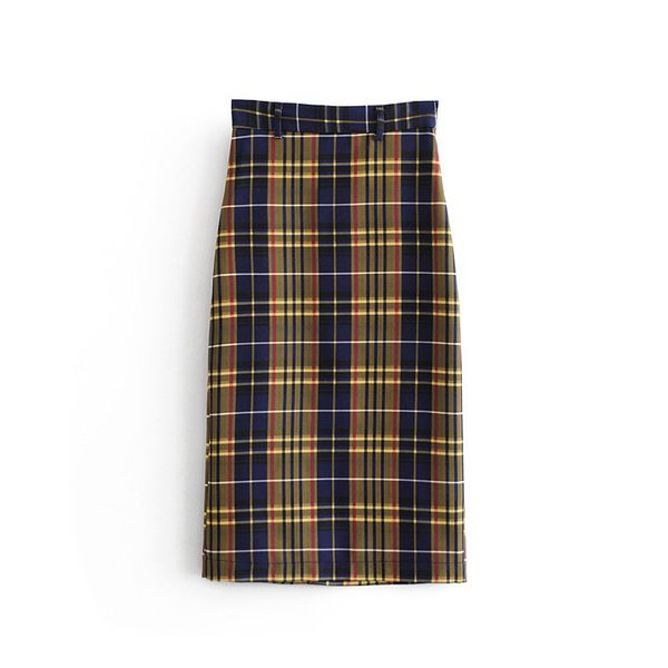 

women vintage color matching plaid print business midi skirt faldas mujer split side zipper casual straight skirts qun513, Black