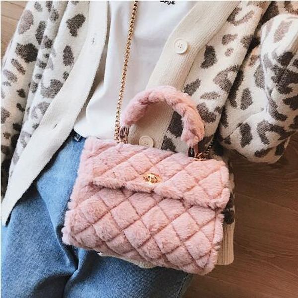 

korean fashion sweet lady handbag 2020 winter new soft plush female designer bag chain shoulder messenger bag