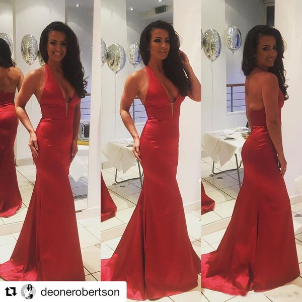 

2019 Sexy Halter Sleeveless Red Evening Dresses Deep V Neck Mermaid Sheer Back Hollow Tiered Backless Floor Length Prom Gowns Custom Made