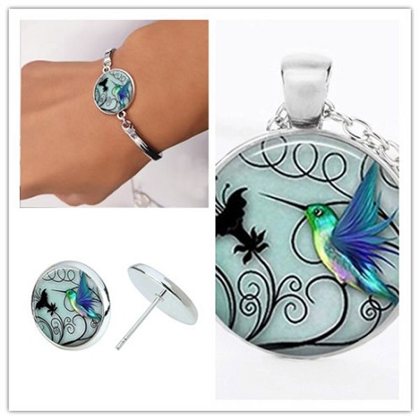 

30 bracelet hummingbird time gemstone set necklace stud earrings small bird bee peace pigeon lucky woman mother men's family gifts jewe, Golden;silver