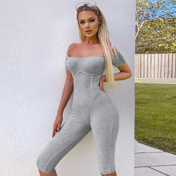 

sexy fitness off плеча вязать ребра bodycon летняя спортивная легкий костюм с шортами с коротким рукавом серого тела комбинезон женский комб, Black;white