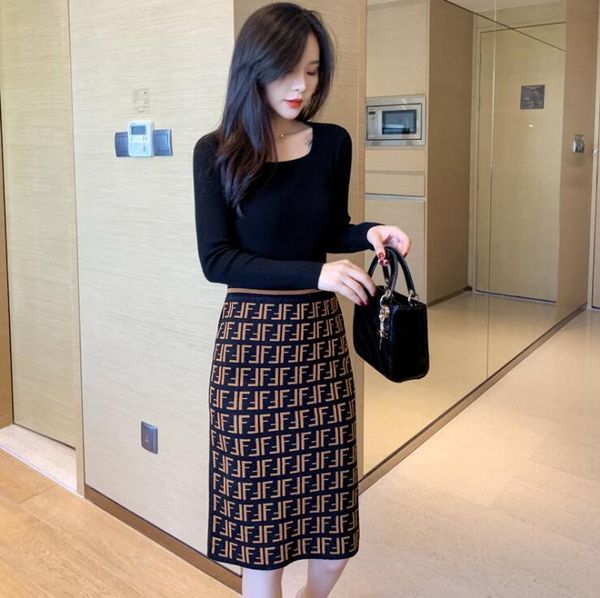 

elegant stretch slim bodycon knitted skirts womens high elastic package hip letter knitting pencil skirt lady casual knee-length skirts