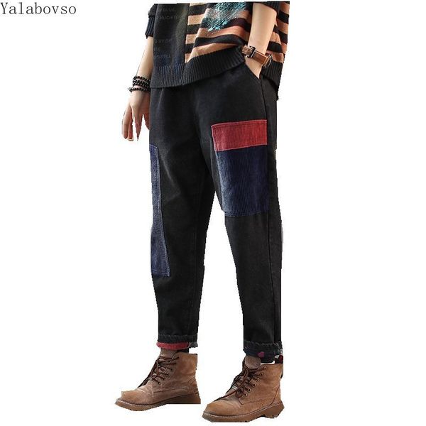 

2019 winter cowboy harem pants retro loose jeans elastic waist plus velvet pants casual patchwork women jeans z3, Blue