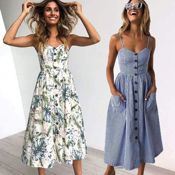 Acheter Femme Robe Dété Robe De Plage Bouton Midi Dos Nu Polka Dot Rayé Femmes Robe été Boho Sexy Robe Florale Vêtements De Créateurs De 3307 Du