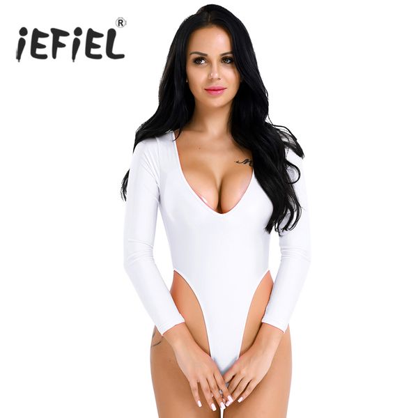 

iefiel women bodysuit long sleeve high cut crotchless thong leotard body string catsuit jumpsuit womens dancing clothing, Black;white