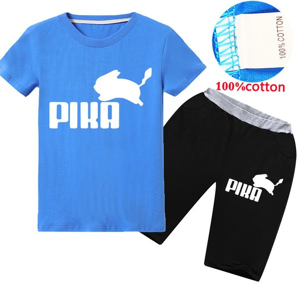 

2020 kids clothes children clothing sets 2pcs tracksuits cotton pika printed short sleeved boat neck t-shirts + shorts for teen boys girls, White