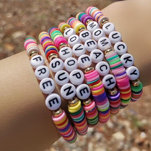 

diy letter polymer clay bracelet for women boho handmade love beads charm bracelet summer femme jewelry, Golden;silver
