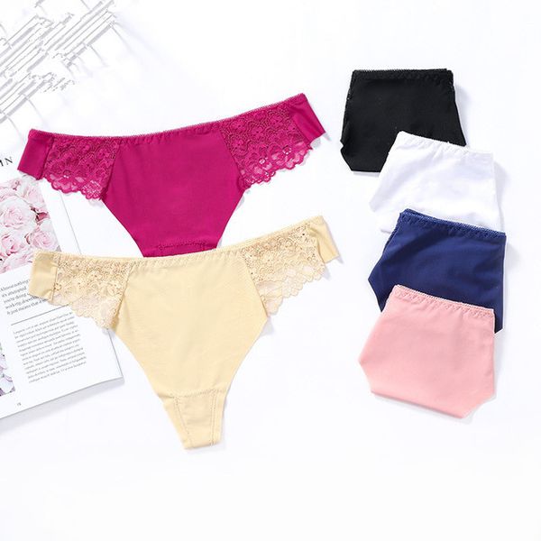 

2020 new seamless seamless women's thong comfortable briefs low waist invisible hollow lace breathable panties, Black;white