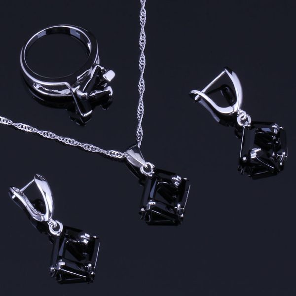 

silky quadrilateral black cubic zirconia 925 sterling silver jewelry sets for women earrings pendant chain ring v0974