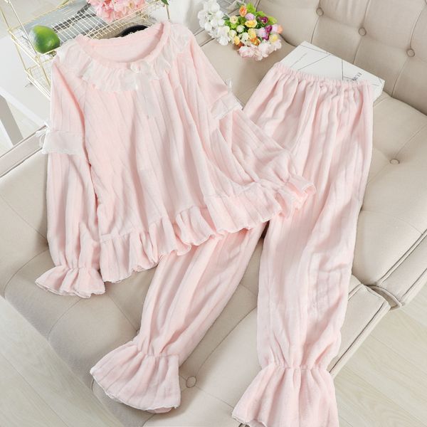 Atacado-Mooirue 2019 Inverno Pijamas Conjuntos Mulheres Sólida Bonito Bow Patchwork Quente Neve Desgaste Espessante Sleepwear Casual Casa Desgaste Pijama Femme