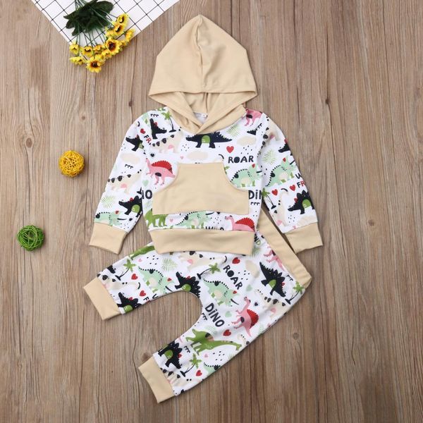 2PCS Newborn Infant Baby Boy Cartoon Dinosaur Hoodie Tops+Pants Outfits Clothes
