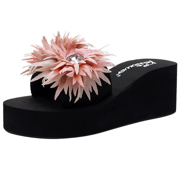 

лето женщины клинья тапочки слайды женщины богема цветочный кристалл пляжные сандалии дамы свободного покроя обувь толстый нижний платформа, Black