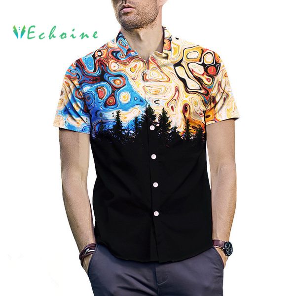 

echoine 3d digital designed men shirts short sleeve patchwork man blouse turn down collar casual button shirt, White;black