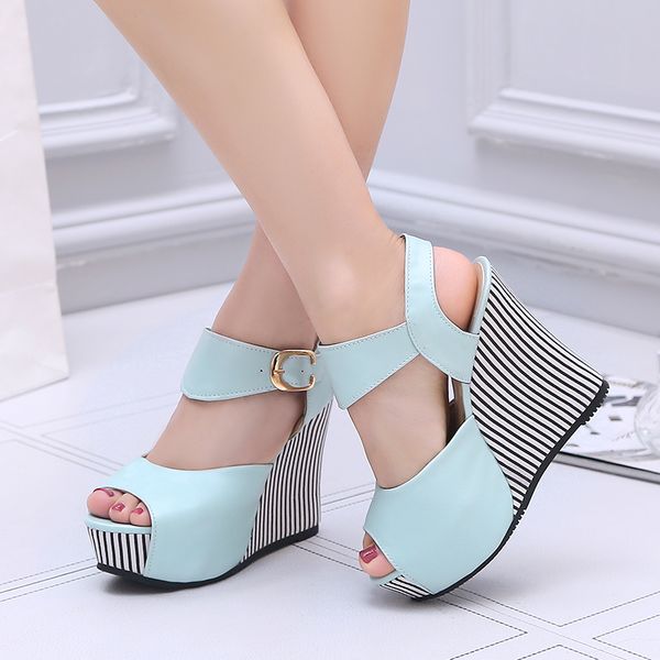 

sandals zapatos mujer summer big size 32-45 women platform shoes 12cmpeep toe buckle strap wedges high heel sapato feminino, Black
