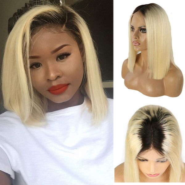 

t1b/613 ombre blonde human hair wigs soku brazilian remy straight short bob lace front human hair wig with baby 613 wig, Black;brown