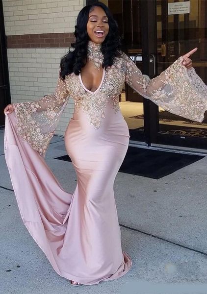 

high neck long sleeve arabic mermaid prom dresses appliques deep v-neck satin formal evening dresses gowns special occasion dresses, Black;red