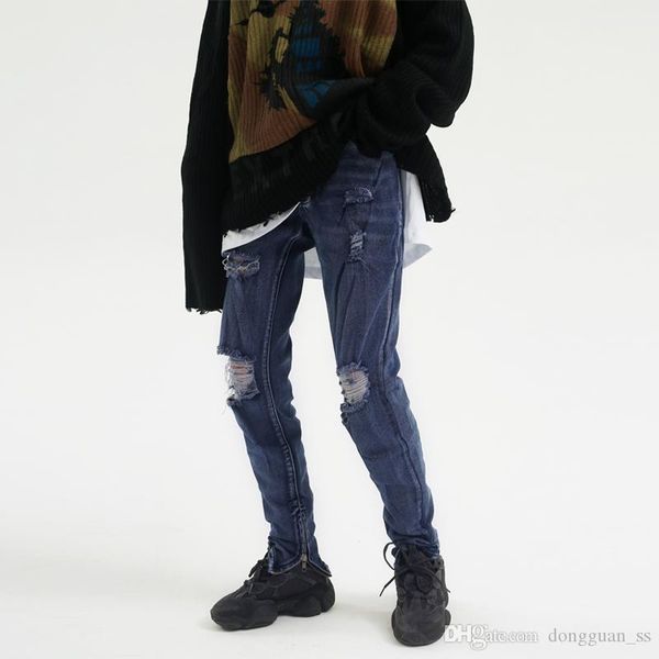 

distressed ripped jeans for men hip hop knee pleated washed destroyed jean justin bieber ankle zip up pencil denim pants, Blue