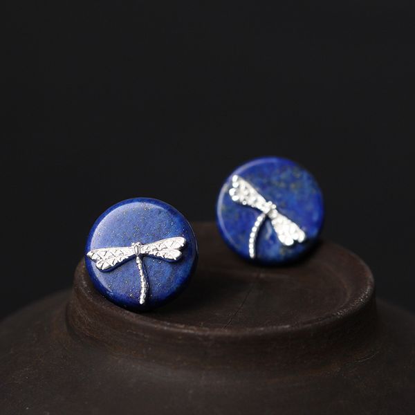 

925 sterling silver stud earrings for women dragonfly simple literary classical fine jewelry dainty for girls lapis, Golden;silver