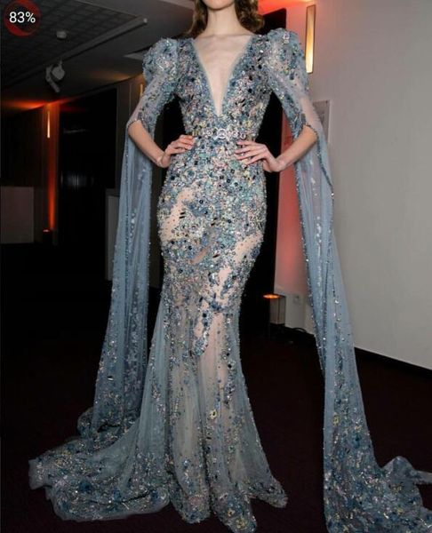 2019 Ziad Naked Prom Kleider Sexy tiefer V-Ausschnitt Kristall Perlen Luxus Meerjungfrau Abendkleider Yousef Aljasmi Langarm Partykleid Design