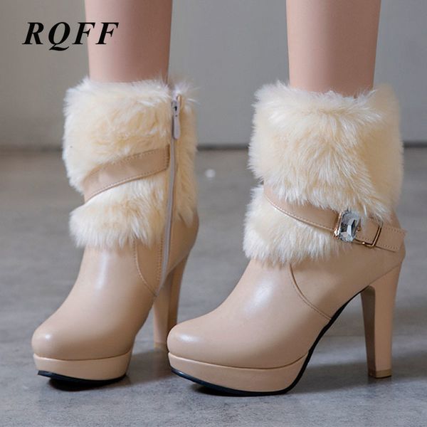

2019 winter new ankle boots women super high thin heels fashion platform shoes woman round toe plus size 42 43 handmade fur, Black