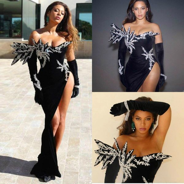 

new black mermaid evening dresses long sleeve lace appliqued sequins velvet prom dress plus size formal party dress robe de soiree, Black;red