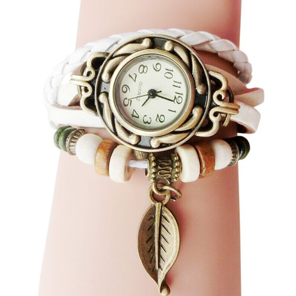 

luxury leather bracelet watch leaf pendant brand women watch retro simple round quartz wristwatch ladies clock montre femme #f, Slivery;brown