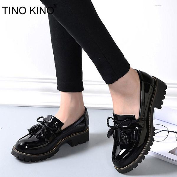 

tino kino women tassels bowtie spring derby shoes female fashion platform patent leather low heels ladies slip on footwear, Black;white