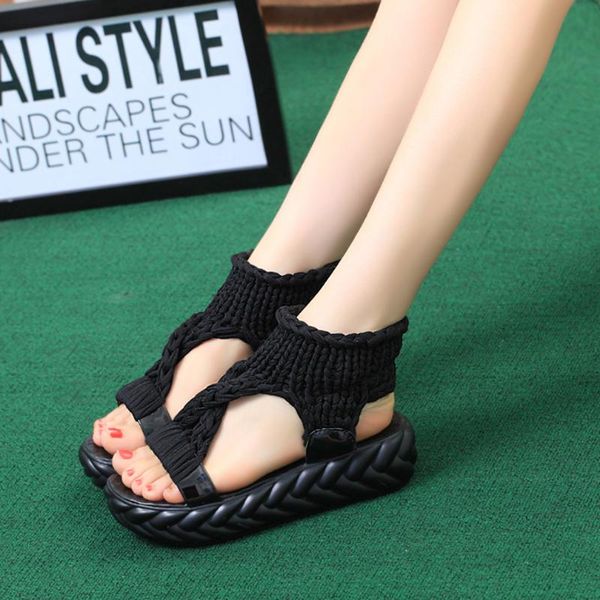 

women gladiator sandals summer flat wool shoes thick-bottomed knitting sandals solid ladies platform sandalias zapatos mujer, Black