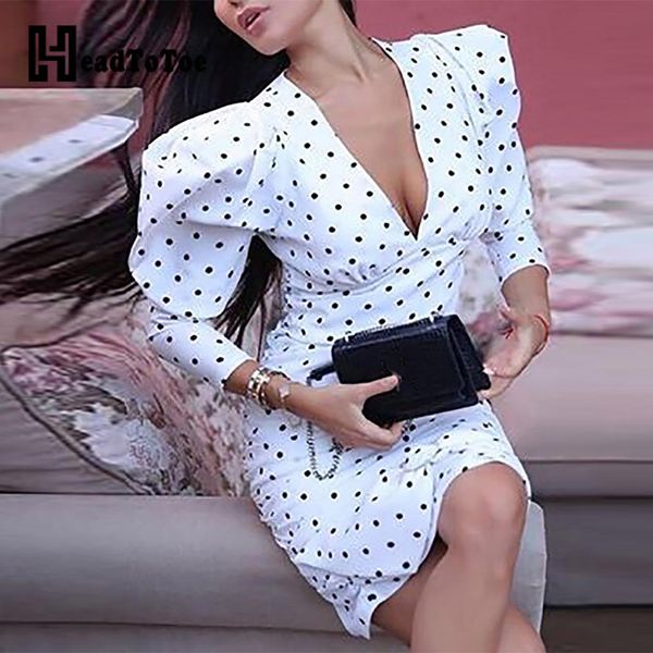 

2019 women's dot leg-of-mutton sleeve midi dress, Black;gray